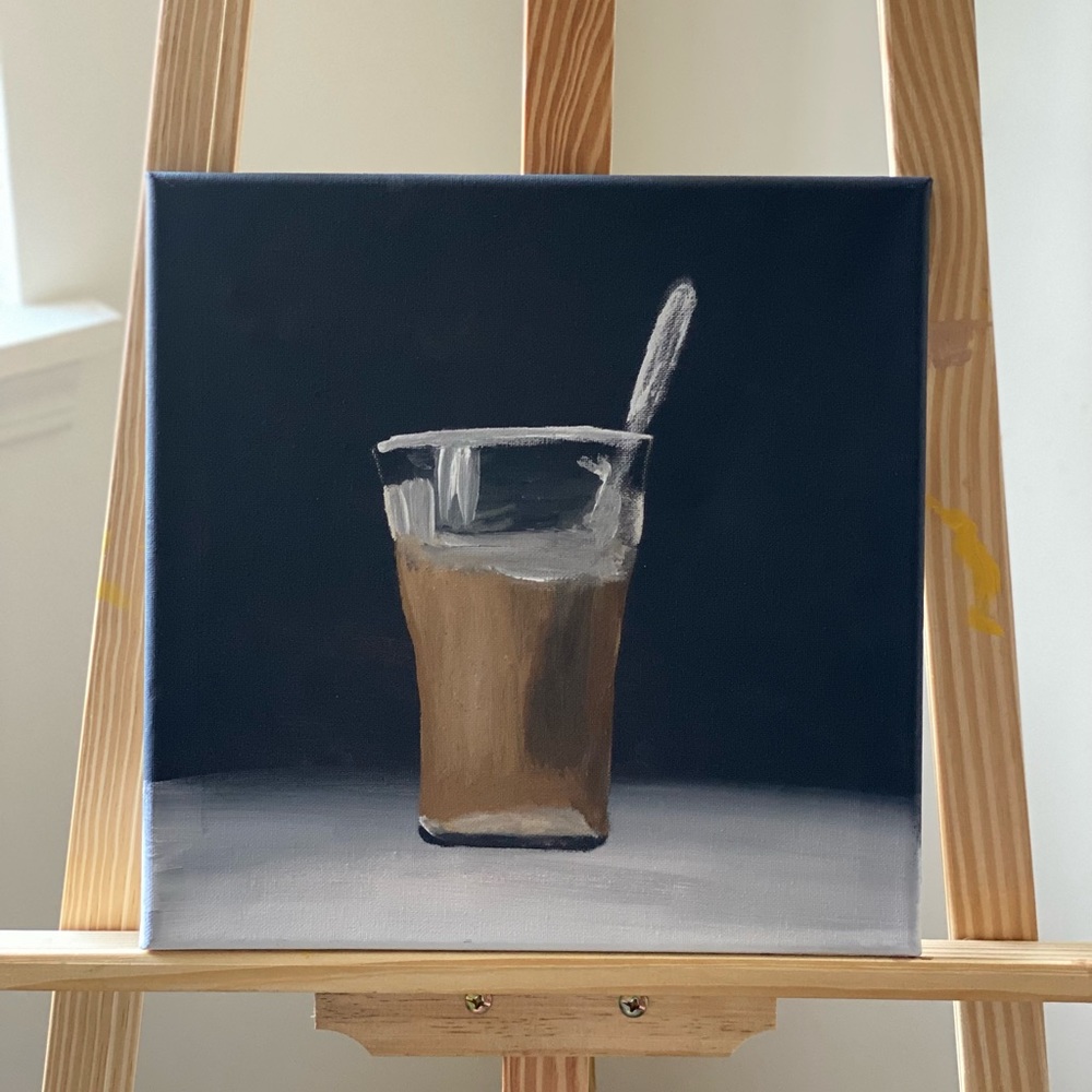 Hand painted canvas stirring coffee 8x10